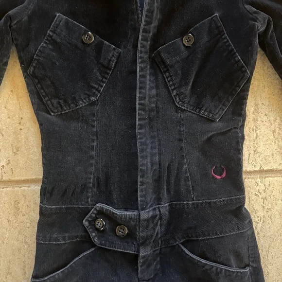 VTG STUSSY Womens XS Black Corduroy Jumpsuit Flare Leg Y2K Baddie 3/4 Sleeve Zip